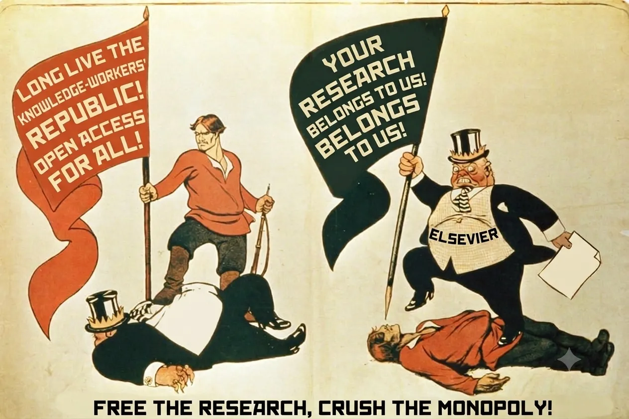 Agitprop poster: a knowledge-worker raising a flag reading “Long live the knowledge-workers’ republic! Open access for all!” over a felled publisher, captioned “Free the research, crush the monopoly!”