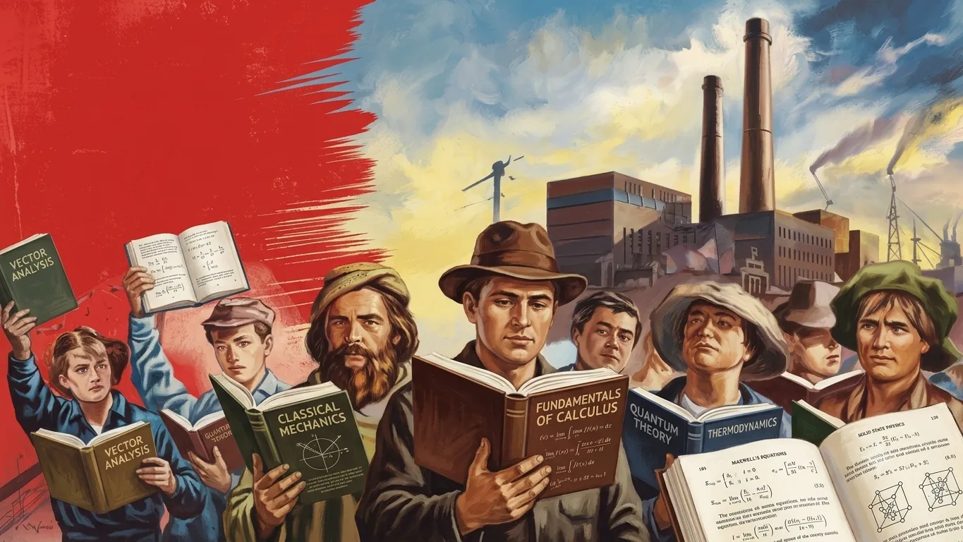 Painted poster: a crowd of workers in caps and hats holding open textbooks — Vector Analysis, Classical Mechanics, Quantum Theory, Thermodynamics — against a red banner and a factory skyline.
