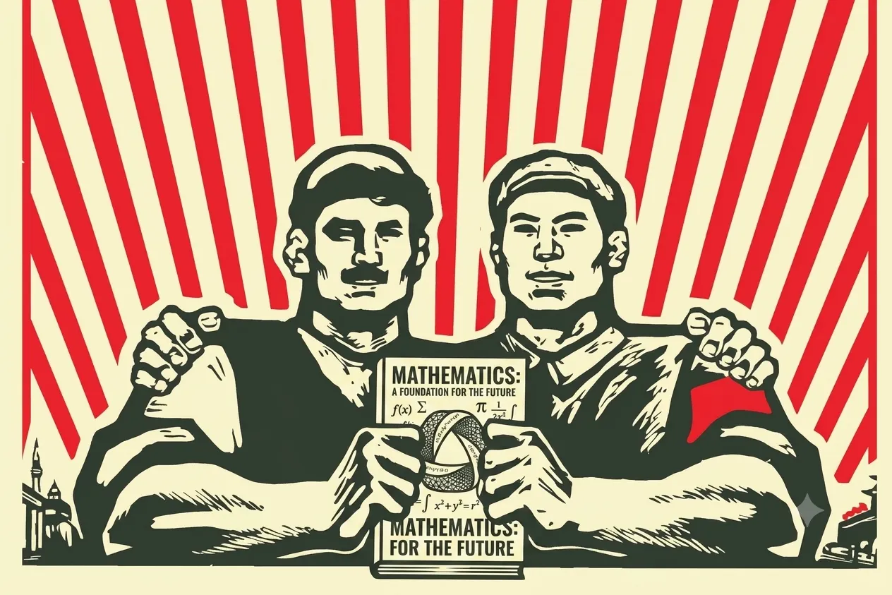 Woodcut-style poster: two workers with linked arms holding a volume titled “Mathematics: a foundation for the future”, against red rays.